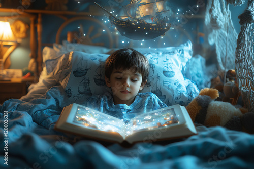 boy reading magic book with fantasy story about pirates, ship and adventure in his bedroom. transparent pirate ship flying out of book with fairytale. reading interesting book. imagination of children
