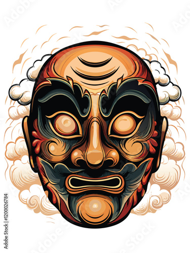 A weathered Noh mask, its painted features stark and haunting, rests amidst a swirling cloud of swirling, ethereal smoke.