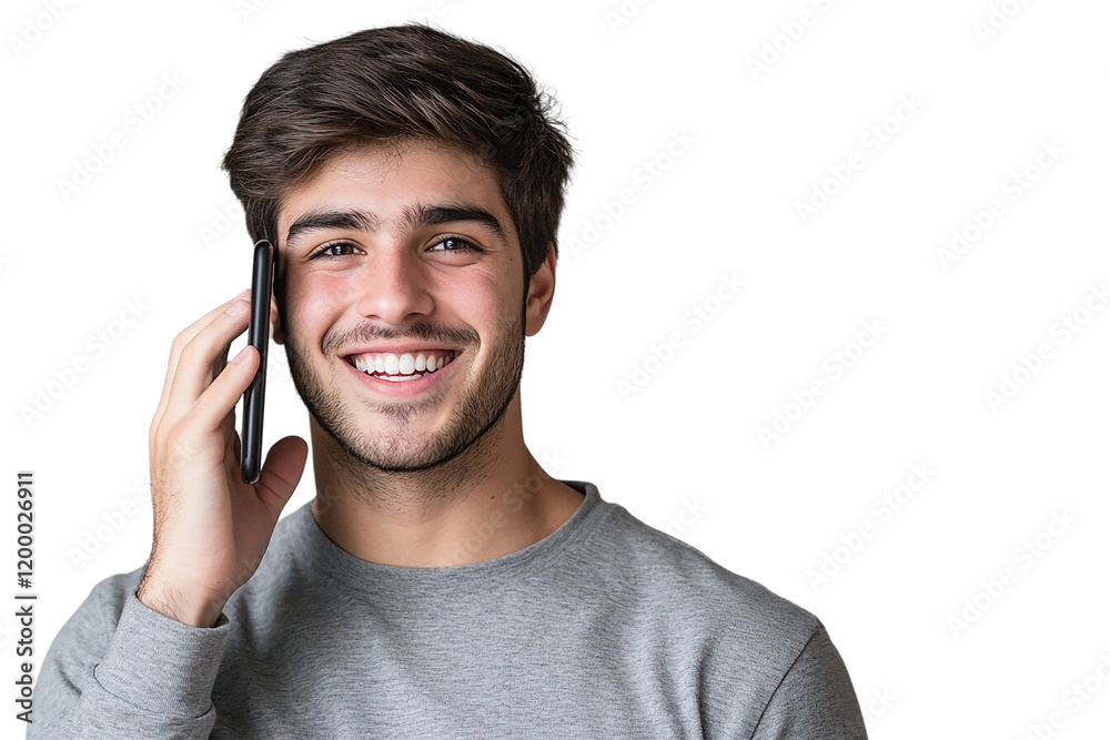 Smiling young man in a grey casual shirt, holding a smartphone to his ear, isolated on a transparent background.
Smiling young man in a grey casual shirt, holding a smartphone to his ear, isolated on a transparent background.