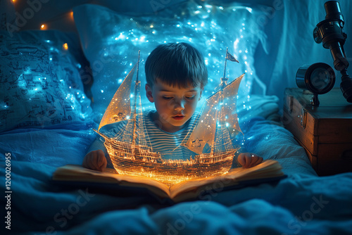 boy reading magic book with fantasy story about pirates, ship and adventure in his bedroom. transparent pirate ship flying out of book with fairytale. reading interesting book. imagination of children