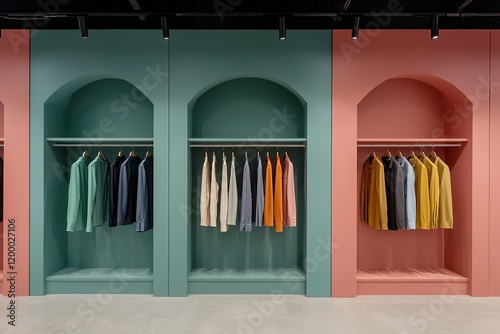 A stylish display of colorful apparel hangs in minimalist alcoves, showcasing a blend of pastel and vibrant tones against contrasting wall colors. photo