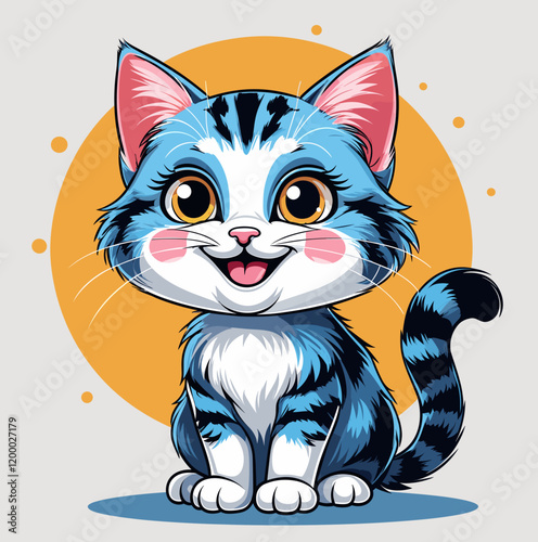  Playful Cartoon Cat Illustration, Vibrant Colors, Happy Character with Yellow Circle Background