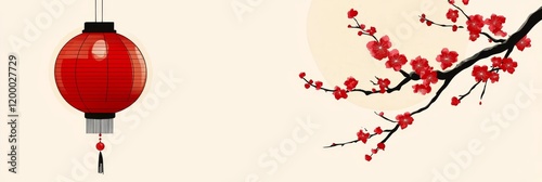 Elegant Minimalist Chinese New Year Lantern and Blossom - Celebrate the Lunar New Year with this elegant design.  Features a red lantern, blossoming branches, symbolizing prosperity, good fortune, new photo