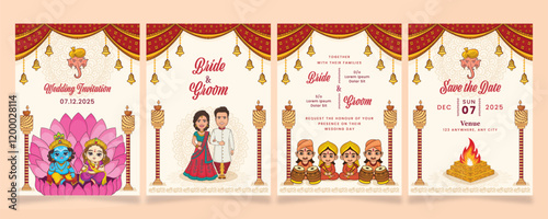 Elegant Indian Wedding Invitation Suite Featuring Traditional Motifs, Gods, and Rich Cultural Elements for a Memorable Celebration.