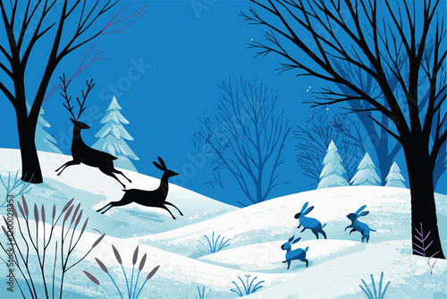 A whimsical illustration depicting deer and rabbits frolicking in a meadow, surrounded by wildflowers and lush greenery.