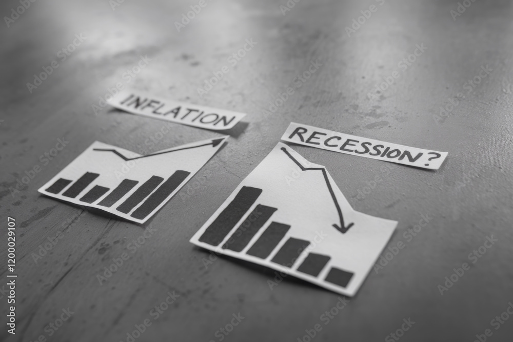 Fototapeta premium inflation and recession texts and graphs showing prices going up and growth going down 