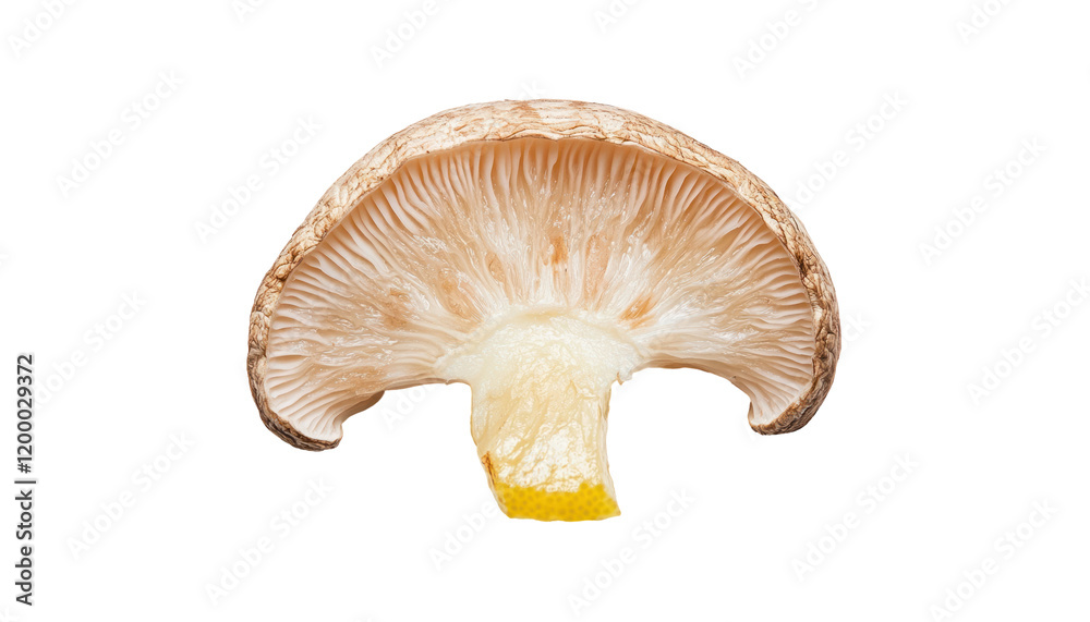A detailed close-up image shows the cross-section of a mushroom revealing its internal structure, gills, and stem. A detailed close-up image shows the cross-section of a mushroom revealing its internal structure, gills, and stem.