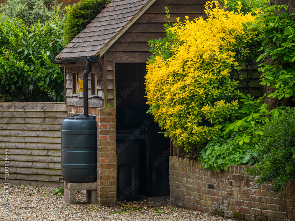Naklejka premium Rain barrel in the garden, environmentally friendly rain water harvesting and reusage