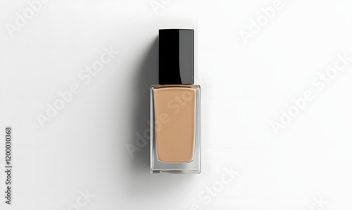 Beige liquid foundation in square glass bottle with black cap on white background.