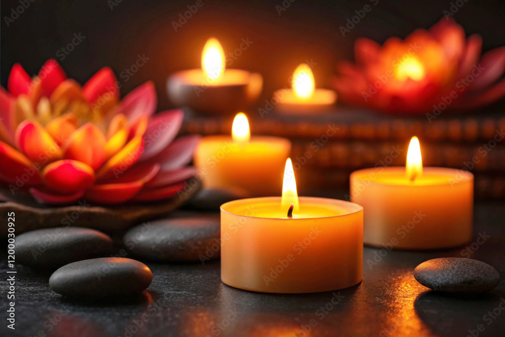 Lit candles and lotus flowers for relaxation. Concept for spa salons, relaxation, meditation. Lit candles and lotus flowers for relaxation. Concept for spa salons, relaxation, meditation.