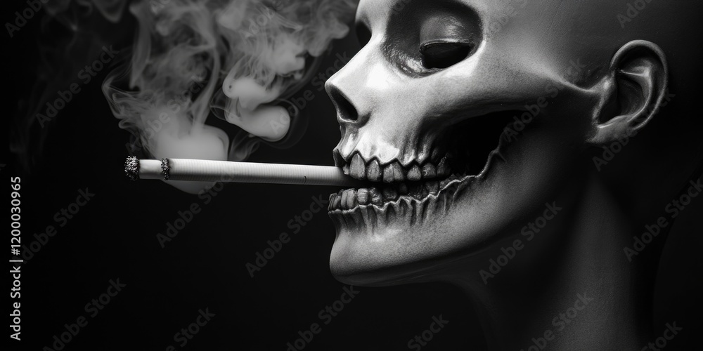 Fototapeta premium A skeleton puffs on a cigarette in a dimly lit room, surrounded by darkness