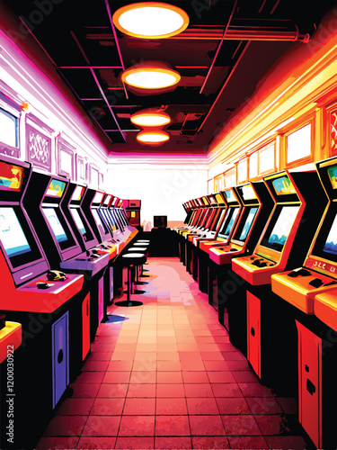 A bustling retro Japanese arcade with vibrant neon signs illuminating classic arcade games, showcasing the unique charm of a bygone era of entertainment.