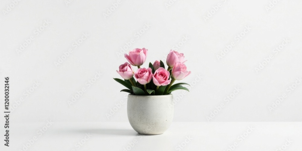 A Delicate Arrangement of Pale Pink Roses in a Speckled Ceramic Vase on a Pristine White Surface A Delicate Arrangement of Pale Pink Roses in a Speckled Ceramic Vase on a Pristine White Surface