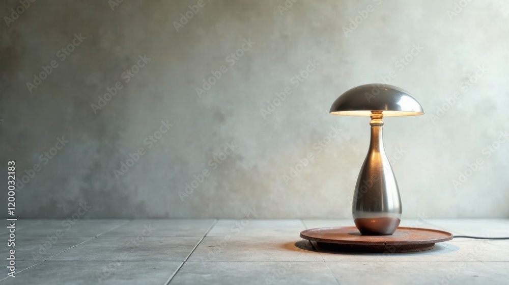 Illuminated Modern Table Lamp on Rustic Tray Against Textured Wall Illuminated Modern Table Lamp on Rustic Tray Against Textured Wall
