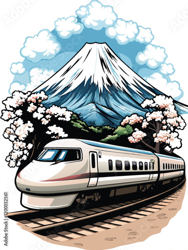 A sleek, retro-styled Shinkansen bullet train speeds past majestic Mount Fuji, its crimson nose cutting through the air, with vibrant green fields and cherry blossoms in the foreground.