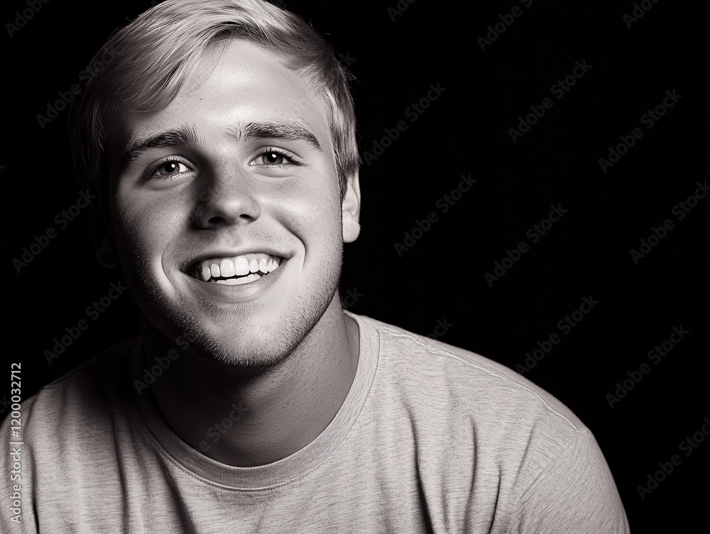 Fototapeta premium Smiling Young Man Portrait Black and White Photo