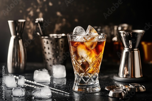 A glass filled with ice sitting on top of a table, ready for use or decoration