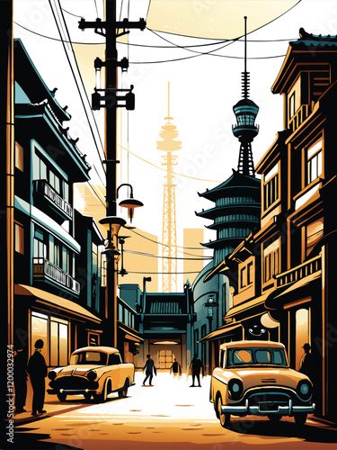 A vibrant and bustling Tokyo street scene from the 1950s, filled with neon signs, traditional shops, and people in vintage clothing.