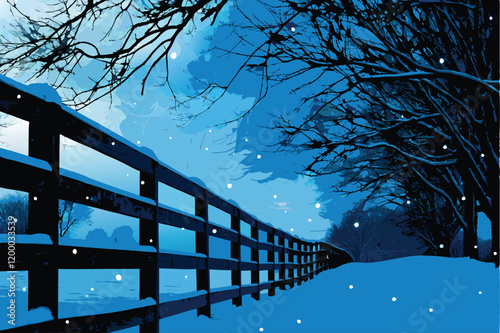 A weathered wooden fence, covered in a thick blanket of pristine snow, guides the eye towards a mysterious, hidden path leading into the snowy depths of a wintery forest.