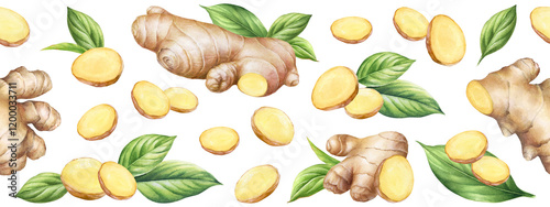 Horizontal seamless pattern with hand drawn watercolor ginger roots with slices and green leaves