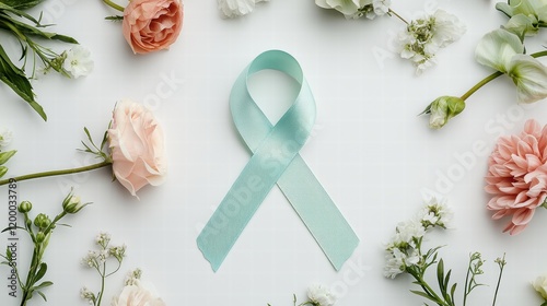 Teal awareness ribbon with pastel florals on white background photo