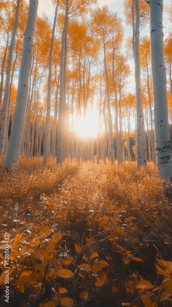Fototapeta premium A serene forest scene with tall trees bathed in golden autumn light, creating a warm, peaceful atmosphere.
