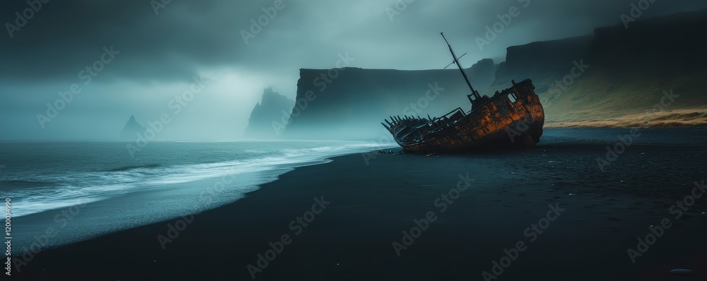 Naklejka premium A desolate beach scene features a weathered shipwreck on black sand, surrounded by dramatic cliffs and misty, moody skies.