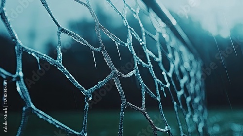 Rainsoaked Soccer Goal Net Close Up Detail