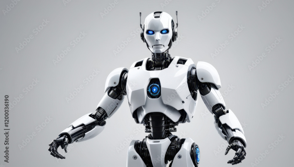 Mid Shot of a Modern White Robot with Blue Eyes Against a Clean White Background for Corporate Ads Mid Shot of a Modern White Robot with Blue Eyes Against a Clean White Background for Corporate Ads