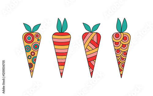 Bright vegetables. Carrot abstract, pattern, ornament. International Carrot Day. Drawings, doodle. Vegetarian food.