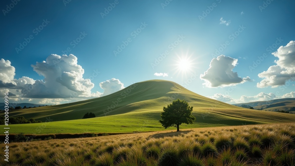 Fototapeta premium A sunlit, grassy hill dotted with a solitary tree under a bright, cloud-speckled azure sky