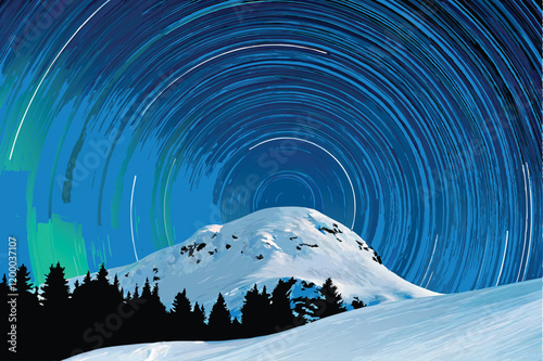 A majestic, snow-capped mountain peak rises dramatically against a vast, starry night sky.