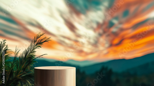 Product podium display with leaves and colorful sunset background