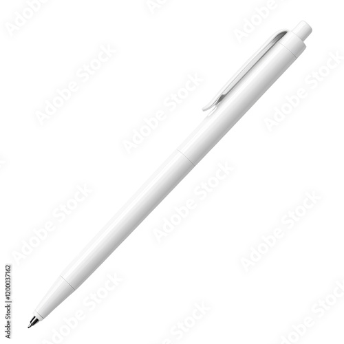 A pristine white pen is displayed against a plain white backdrop, showcasing its simple design.