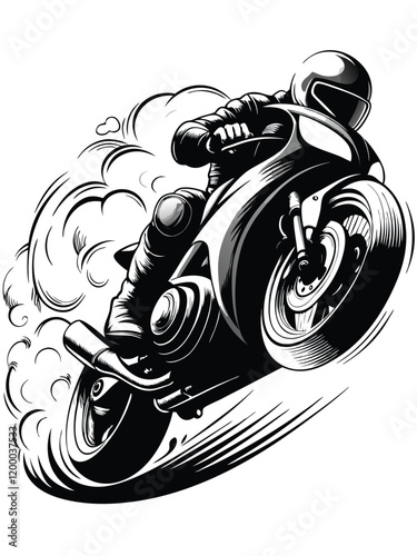 A vibrant sports bike leans aggressively into a sharp curve, tires screaming for grip, with a blur of speed and motion behind it.