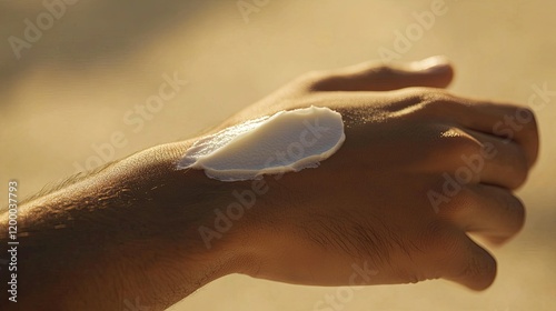 A close-up hand applying sunscreen cream outdoors under warm sunlight, emphasizing skin protection photo