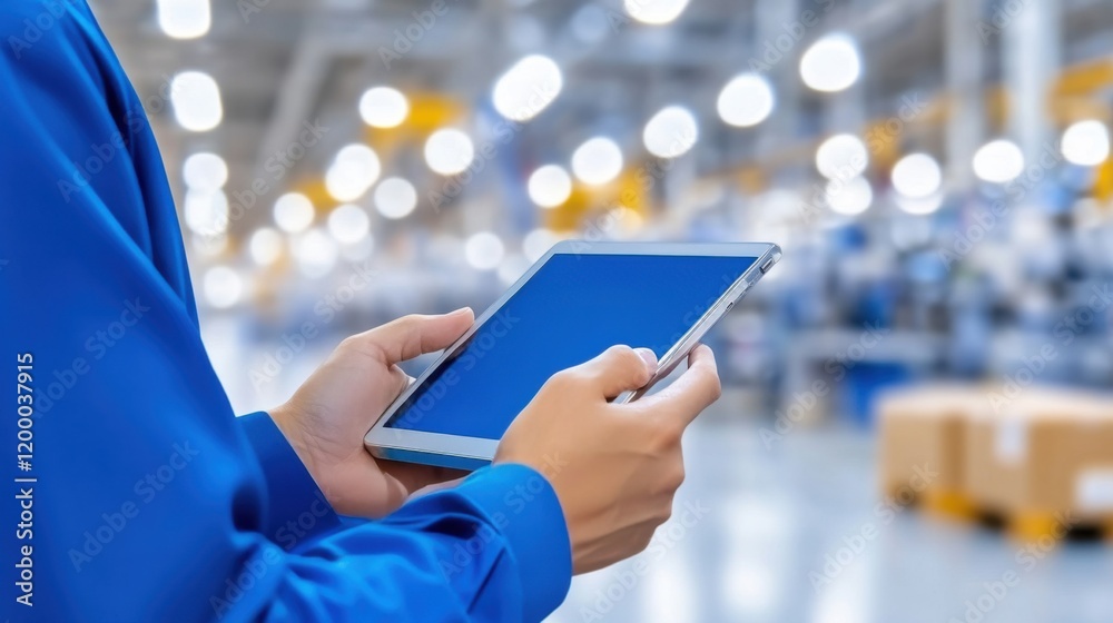 High-tech factory floor featuring robotic arms and engineers monitoring production efficiency with AI-powered tablets High-tech factory floor featuring robotic arms and engineers monitoring production efficiency with AI-powered tablets