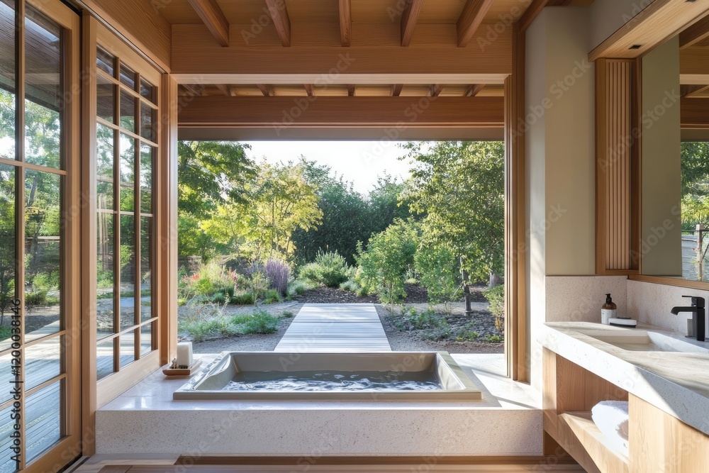 Fototapeta premium Serene Bathroom Spa Featuring Garden View