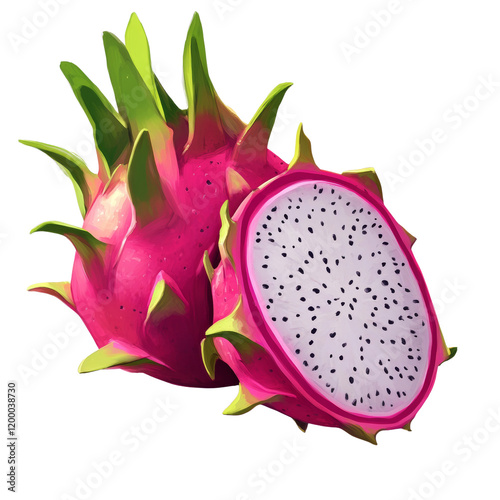 A digital painting depicts a whole and a halved dragon fruit showcasing its pink skin and white flesh with black seeds.