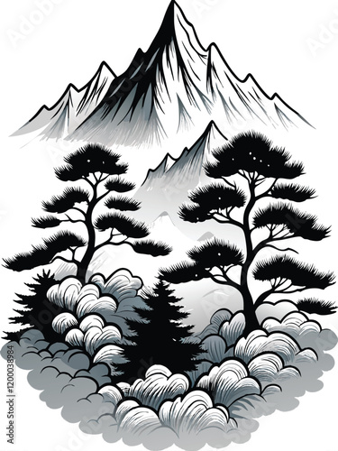 A stylized, abstract painting of a Japanese mountain range, shrouded in mist and fog, with a touch of traditional Japanese art style.