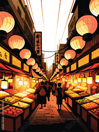 A bustling Tokyo street market scene with vibrant food stalls, colorful banners, and friendly vendors.
