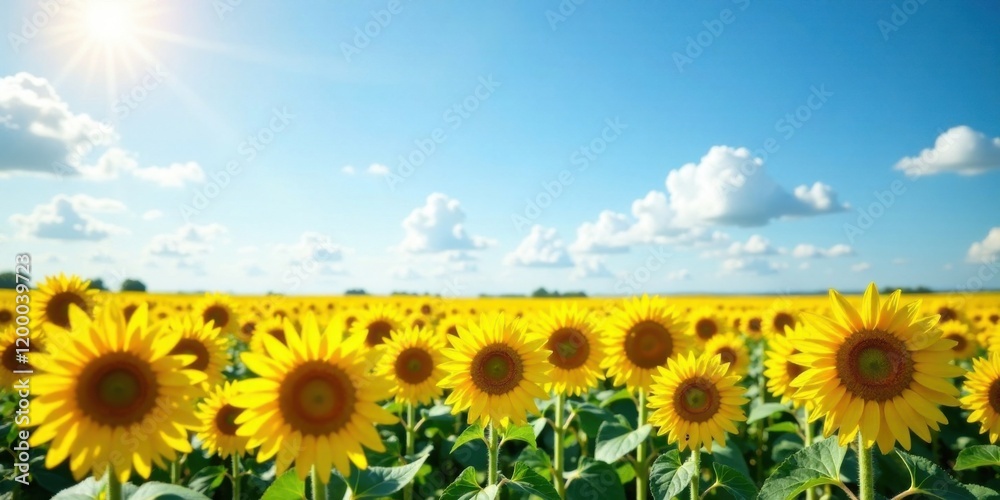 Obraz premium Vibrant Yellow Sunflowers Basking in Summer's Golden Sunlight, a Serene Field Extending to a Bright Horizon