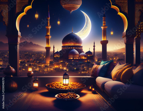 A magical Ramadan night. Illuminated mosque, crescent moon, and twinkling stars. Festive table with dates and lanterns Generated image
