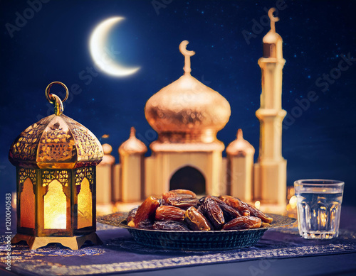 A magical Ramadan night. Illuminated mosque, crescent moon, and twinkling stars. Festive table with dates and lanterns Generated image