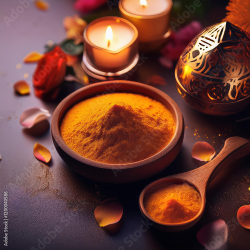  Scene perfect for Ramadan: wooden bowl filled with vibrant yellow turmeric, spoon holding turmeric, lit candles for serene ambiance, colorful rose petals, ornate golden lantern.Generated image
