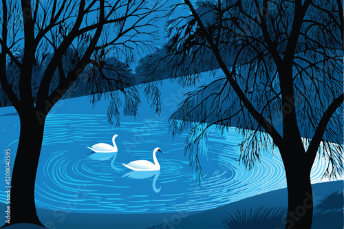 A serene pond, frozen over, with graceful white swans gliding effortlessly across the icy surface.
