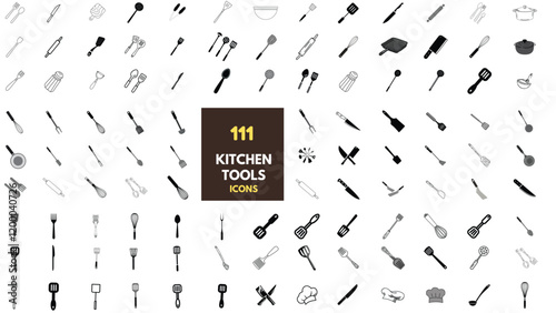 Essential kitchen tools and utensils icons. Well-equipped kitchen needs, Kitchen equipment icons. 