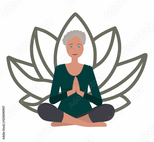 Beautiful smiling old woman, elderly lady doing yoga and meditating on mat, illustration, international yoga day, banner, background. Vector