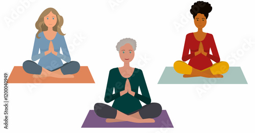 Beautiful smiling old woman, elderly lady and two beautiful girls with dark and light skin doing yoga and meditating on the mat, illustration, international yoga day, banner, background. Vector