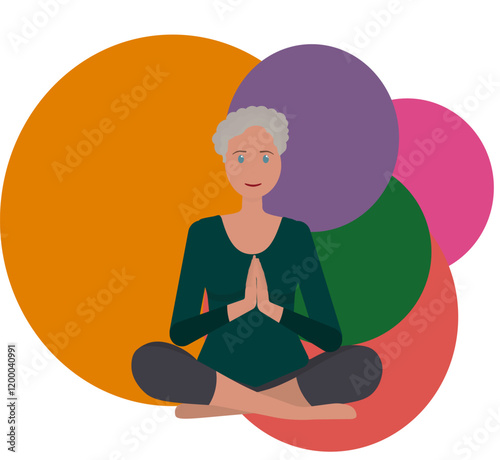 Beautiful smiling old woman, elderly lady doing yoga and meditating on mat, illustration, international yoga day, banner, background. Vector